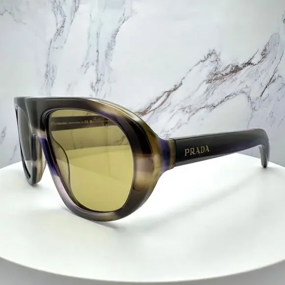 New PRADA Sunglasses Brown Striped Laguna Aviator Shield Mask New - Picture 10 of 16